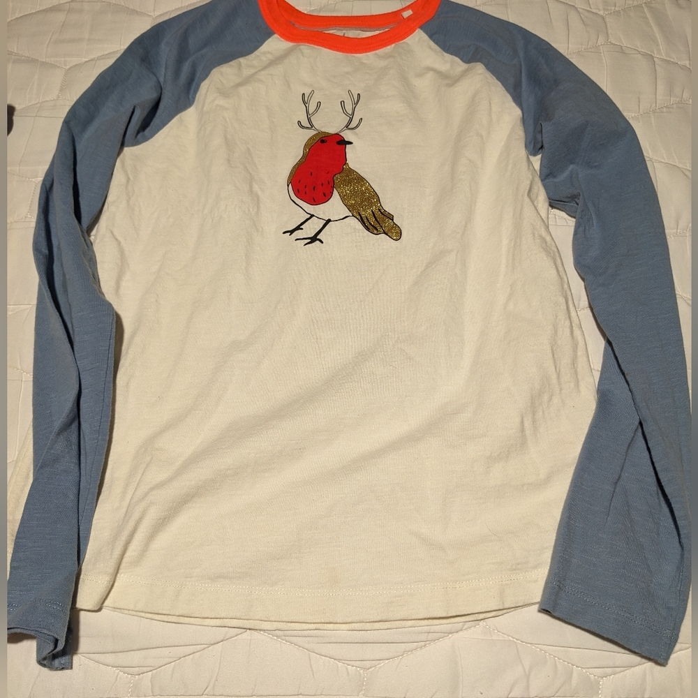 Mini Boden Cream and Blue Long Sleeve Shirt with Bird Design Size 13-14